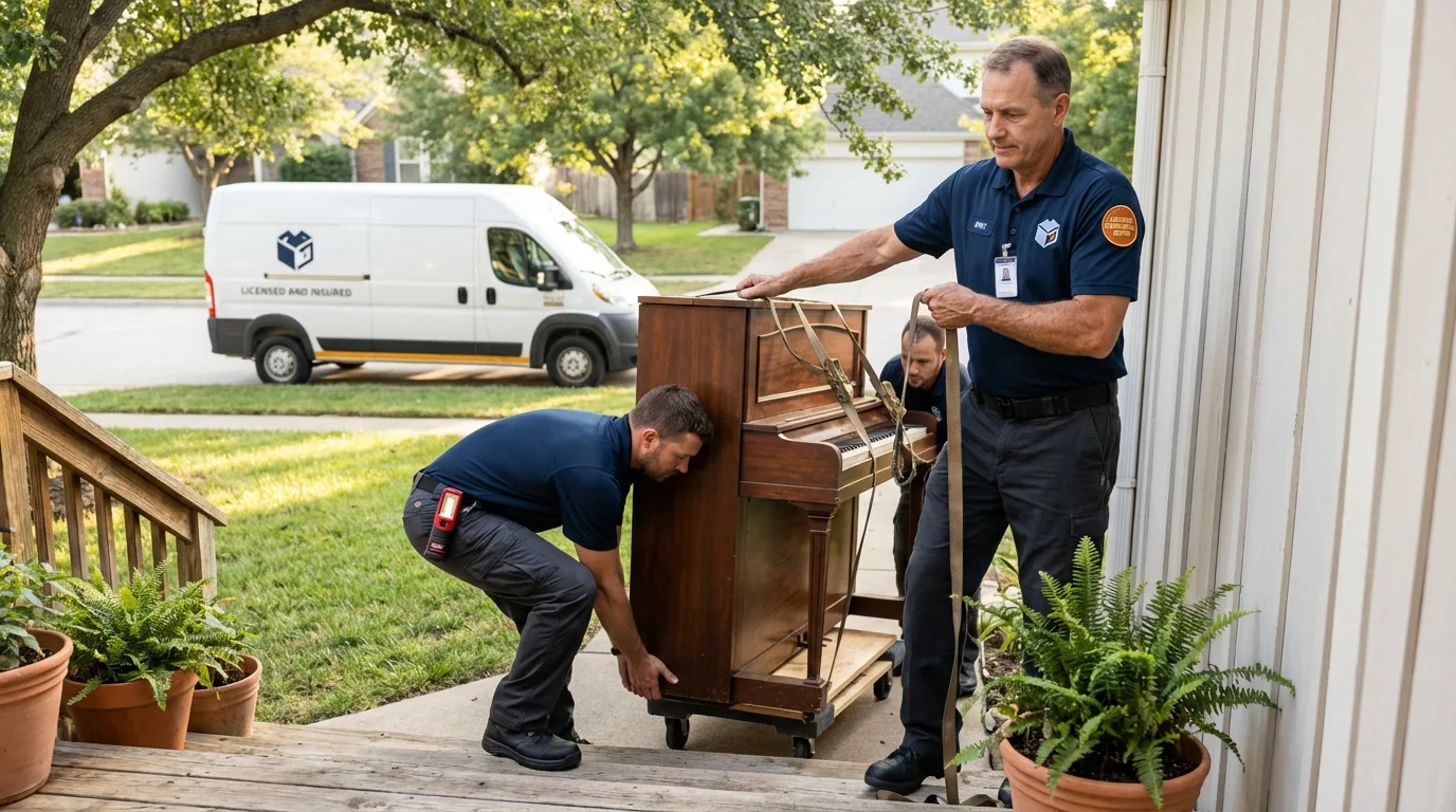 Licensed piano movers securing grand piano in Schenectady, NY