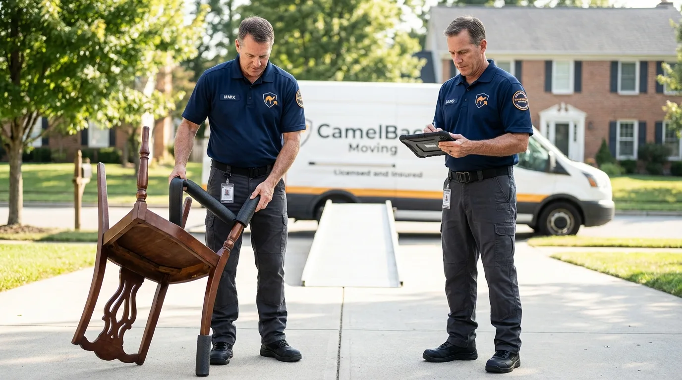 Movers inspecting furniture for damage prevention before loading in Schenectady, NY
