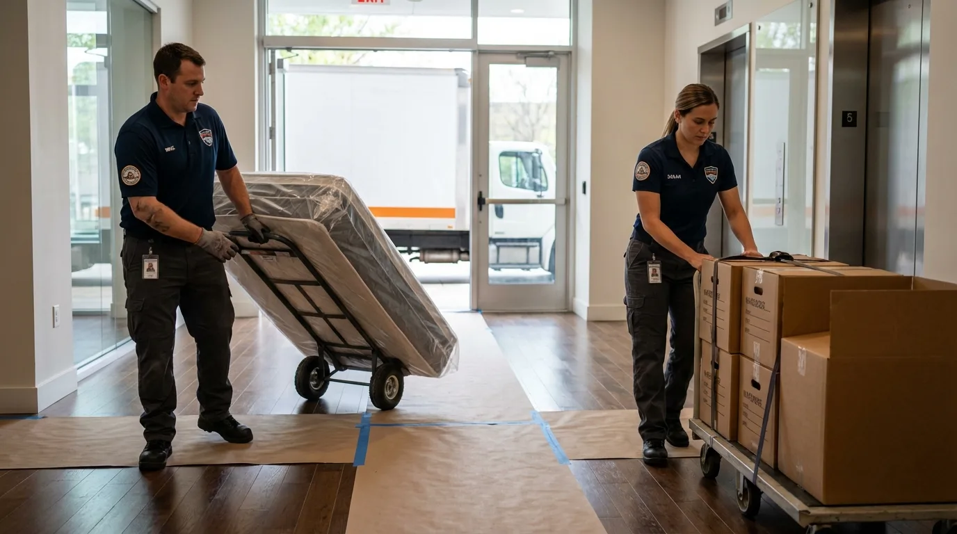 Professional apartment movers loading elevator in Schenectady, NY